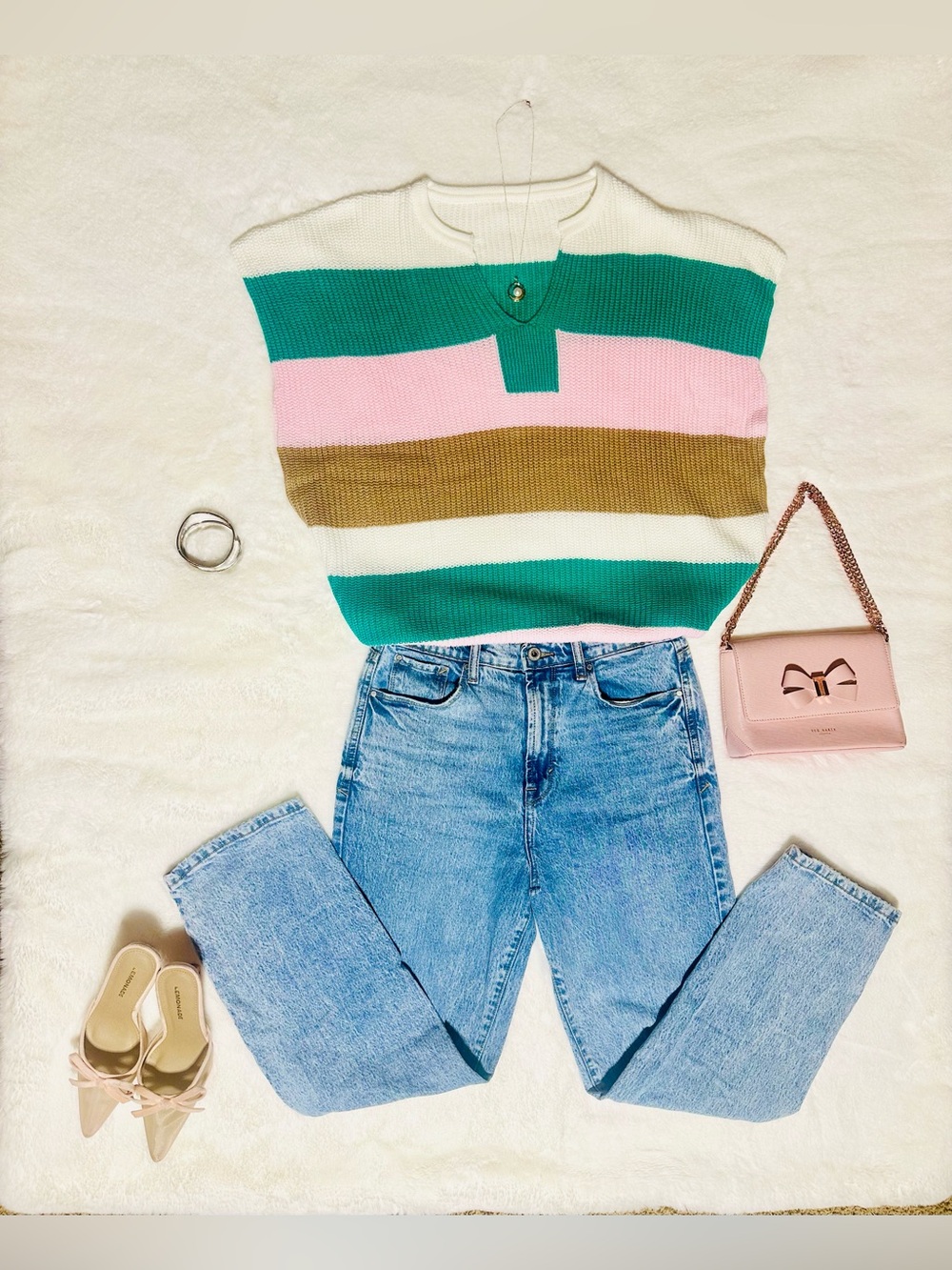 Striped Knit Top in Teal, Pink, Olive & Cream